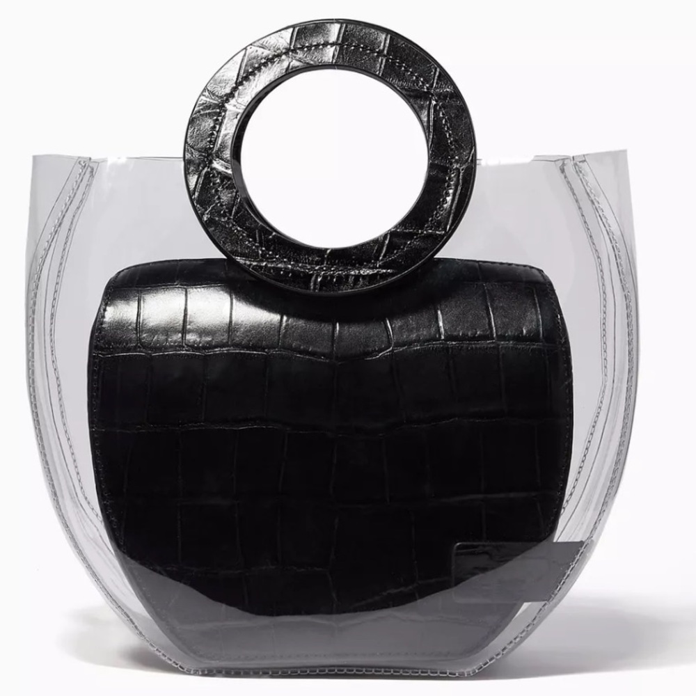 STAUD Frida Bag Black Leather Croc & Clear PVC Tote Handbag Convertible